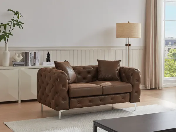 Vente-unique - Chesterfield-Sofa 2-Sitzer - Mikrofaser - Vintage-Leder-Optik - Braun - EDWINA