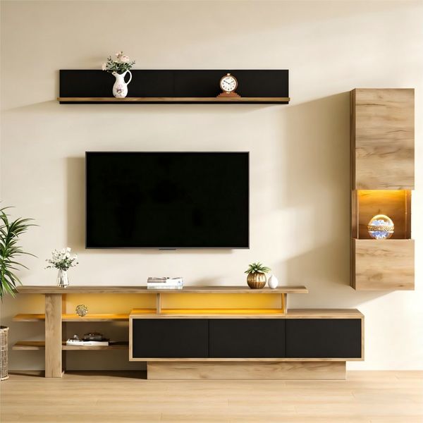 Merax Wohnwand 3-teilig Wohnwand Set mit LED-Beleuchtung, (3-St), Wohnzimmermöbel Wohnwand mit Vitrine, Hängeregal & TV Schrank