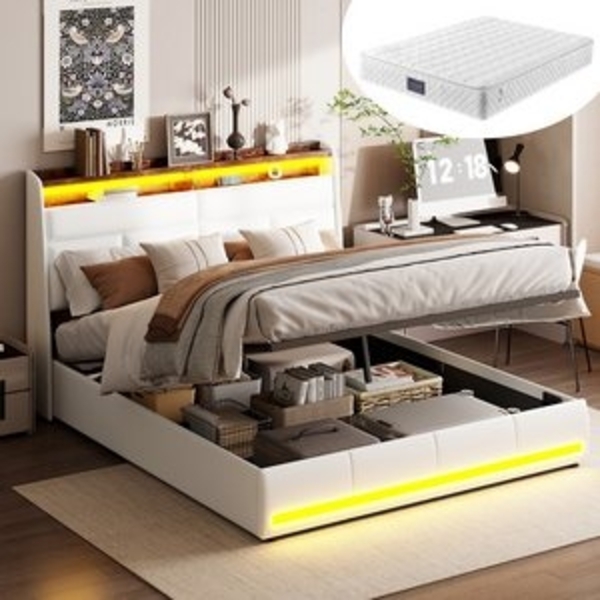 Furnishings Home Polsterbett LED Doppelbett Stauraumbett mit 7-Zonen Federkernmatratze, Mit LED-Beleuchtung, Regal-Kopfteil, Lattenrost,Kunstleder, 140x200 cm Bild 6