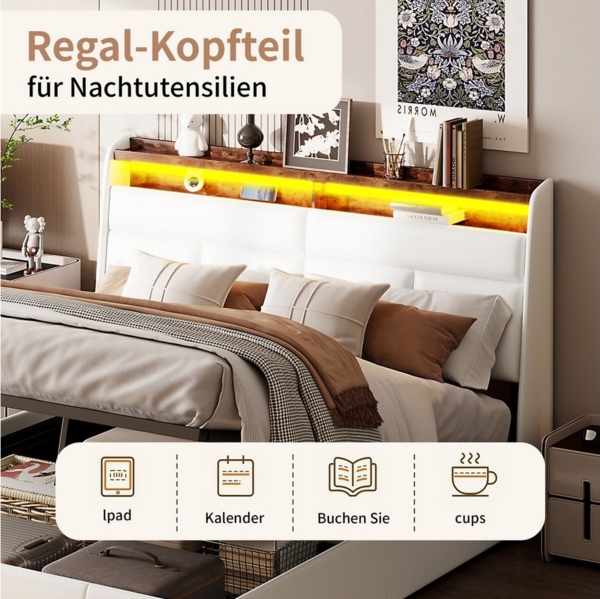 Furnishings Home Polsterbett LED Doppelbett Stauraumbett mit 7-Zonen Federkernmatratze, Mit LED-Beleuchtung, Regal-Kopfteil, Lattenrost,Kunstleder, 140x200 cm Bild 2