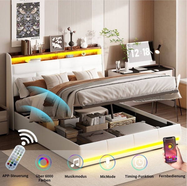 Furnishings Home Polsterbett LED Doppelbett Stauraumbett mit 7-Zonen Federkernmatratze, Mit LED-Beleuchtung, Regal-Kopfteil, Lattenrost,Kunstleder, 140x200 cm Bild 3