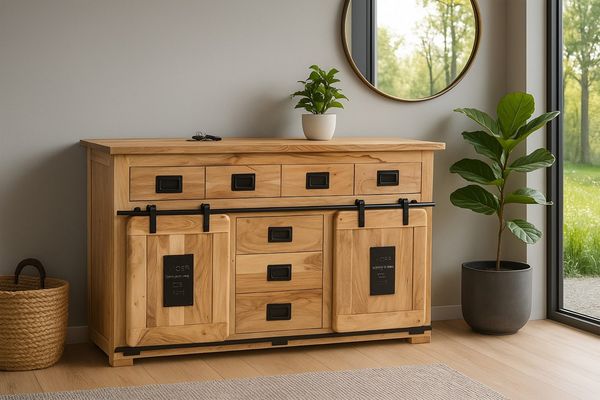 SAM® Sideboard Gia, massives Akazienholz, mit Ablagefläche, Schiebetür, Metallschiene
