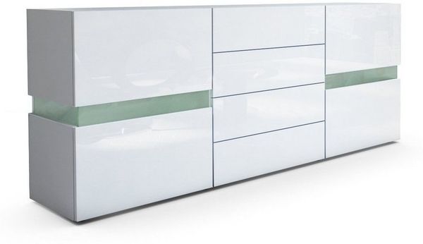 Vladon Sideboard Flow, Weiß matt/Weiß Hochglanz - Moderne Kommode mit Ambient Light Verglasung für Ihr Wohnbereich (177 x 75 x 39 cm)
