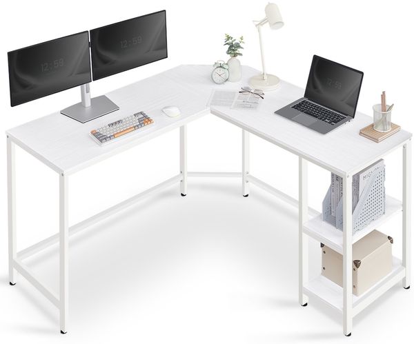 VASAGLE L-förmiger Eckschreibtisch mit 2 Ablagen, Industrie-Design, Ahornweiß, 138x138x76cm
