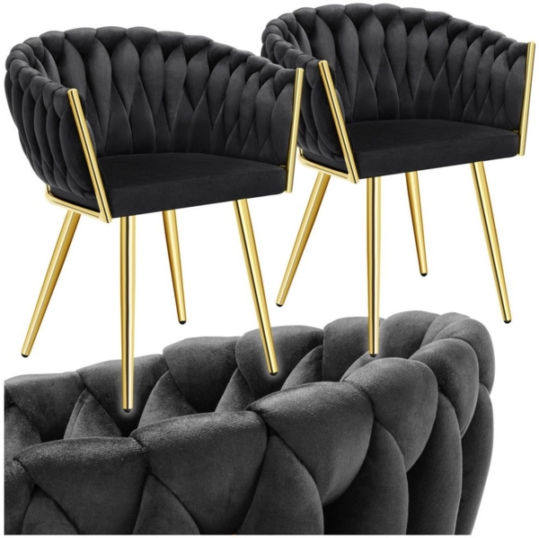 tectake Esszimmerstuhl Küchenstuhl Astano, Belastbarkeit 120 kg, schwarz/gold (2er Set, 2 St), gepolstert, mit Samtbezug, Knotendesign