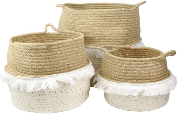 HOME DECO FACTORY Aufbewahrungskorb mit Fransen und Goldfasern, 3er-Set
