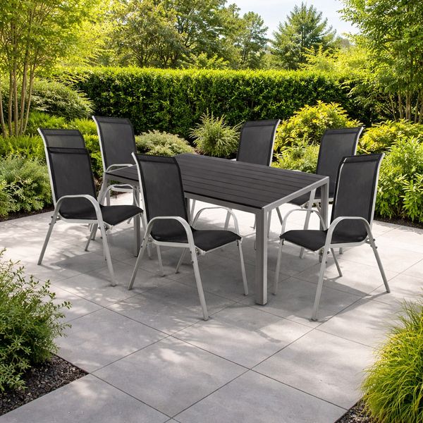 7tlg Gartenmöbel Set Alu Silber Non-Wood 180x90cm + 6 Stapelstühlen