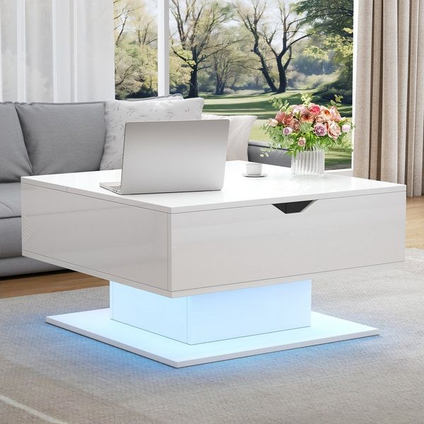 Merax Couchtisch hochglanz Sofatisch anhebbarer Beistelltisch mit LED-Beleuchtung (1-St, 80x75x40 cm), Wohnzimmertisch mit verstecktem Stauraum & halboffenem Regal