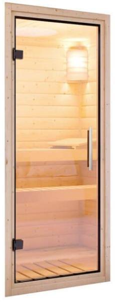Karibu Sauna Mia + 9kW Saunaofen mit integrierter Steuerung Klarglas Ganzglastür