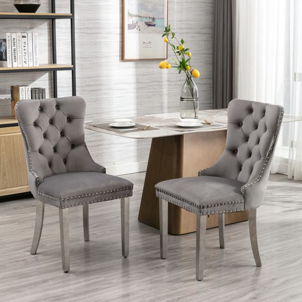 Esszimmerstuhl Samt Grau mit hoher Rückenlehne, Massivholzbeine, 2er-Set,H 95 x T 50 x B 62 cm