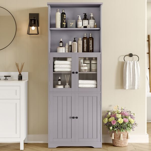 Grauer Badezimmer-Hochschrank mit Glasfront, 57,4x28,5x160 cm