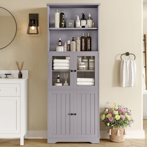 Grauer Badezimmer-Hochschrank mit Glasfront, 57,4x28,5x160 cm