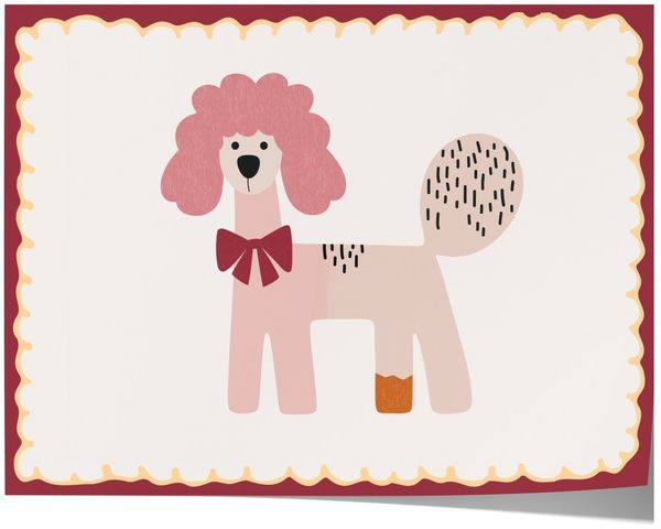 Poster Kinderzimmer Hund · Rosa Pudel mit Schleife · Verspieltes Tierposter im Retro Look · Liebevolle Deko für Kinder · Print ohne Rahmen - 15x20cm