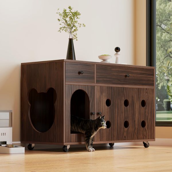 Katzenkloschrank (bewegliche Katzentoilette) – Katzenschrank/Katzenhaus mit abnehmbare Sandablassplatte, geruchsisoliert, ohne Katzenklo, 100×45×66 cm, Nussbaumfarbe