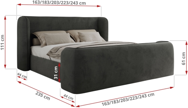 Polsterbett mit Lattenrost, Doppelbett für Schlafzimmer, Gepolstertes Kopfteil, Multipocket matratze, Härtegrad H3/H4 - EMORA CLASSIC DUO - 180 x 200 cm - Dunkelgrau Velours - ELORI - LUX Bild 4