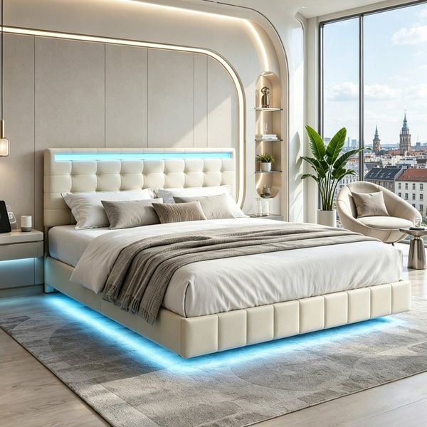 Simurq Polsterbett Schwebebett mit LED-Beleuchtung und USB, Doppelbett 140x200cm (Packung, 1-tlg, Jugendbett mit Kopfteil, Linenstoff), Schwebender visueller Effekt