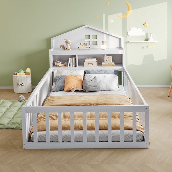 Kinder Hausbett aus Massivholz mit Kreidetafel und Stauraum,mit Kopfteilregalen, sicherem Rahmen & kleiner Tür,Weiß