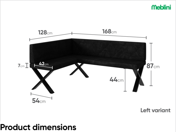 MEBLINI Eckbank für Esszimmer - Küchenbank - Essecke - Sitzecke Küche - ERIC - X-Beine 128x168x87cm Links - Graphit Samt Bild 7