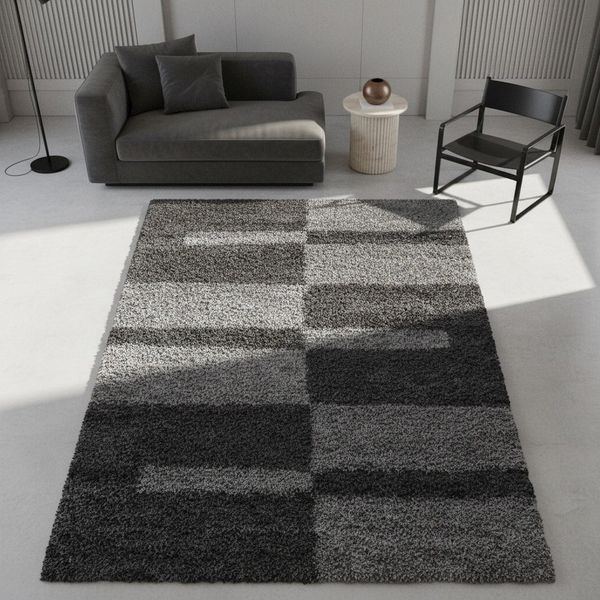 KADIMA DESIGN Teppich WERFEN Shaggy Langflor Wohnzimmer Schlafzimmer Waschbar Kariert, Läufer, Höhe: 32 mm, Grau, 60x110 cm, Wohnzimmerteppich Esszimmer Strapazierfähig Waschbar