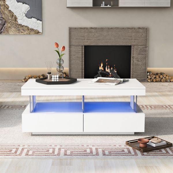 Couchtisch mit LED-Beleuchtung & Glasdisplay, weiß Hochglanz, 2 Schubladen, 100x60x49,5 cm