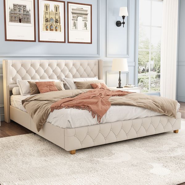 Polsterbett 160×200 cm aus Leinen-Stoff mit Lattenrost, beige