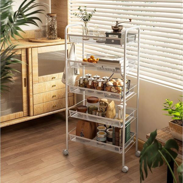 HOMCOM Servierwagen Küchenregal mit Rollen, (Set, 1 St, 1), mit 5 Körben und Rollen