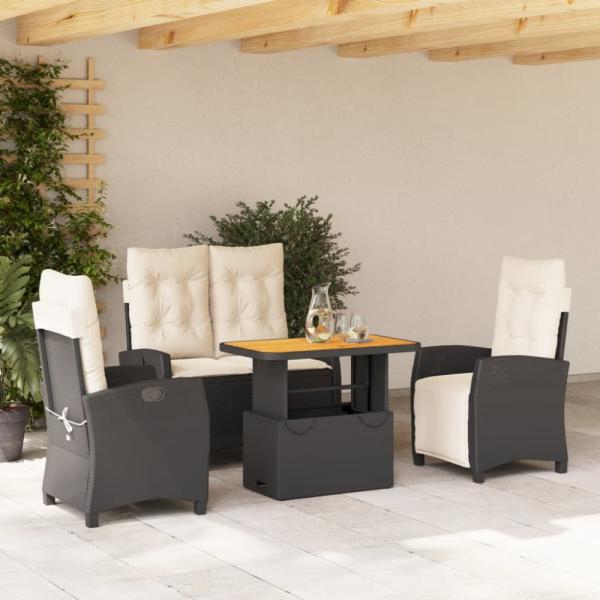 vidaXL 4-tlg. Garten-Essgruppe mit Kissen Schwarz Poly Rattan 3277384