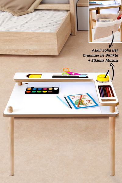 Kinder-Aktivitätstisch mit Organizer 40 x 140 x 52 cm Holz; Organizer aus Stoff Beige 89860531 [en. casa]