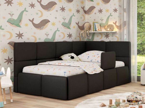 Jugendbett, Kinderbett mit Kopfteil ARVO ALTA 90x200 cm, Polsterbett mit Stauraum, hoher Schlafkomfort - Schwarz Kunstleder - Rechts