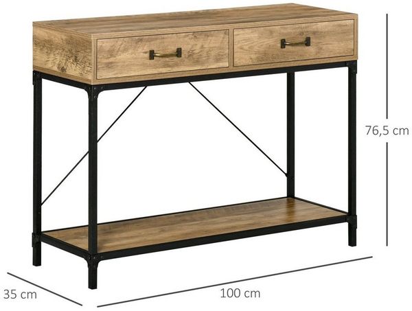 HOMCOM Konsolentisch 2 Schubladen Unterregal (Beistelltisch, 1-St, Eingangstisch), vintage Metall Spanplatte Braun+Schwarz 100 x 35 x 76,5 cm Bild 3