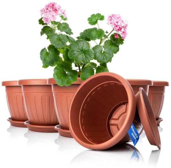 BigDean 6X Blumentopf mit Untersetzer rund ø33xH25 cm Terracotta - wetterfester Pflanzkübel - Wasserablauf UV-beständig aus bruchsicherem Kunststoff - Innen + Außen geeignet - Made in Europe
