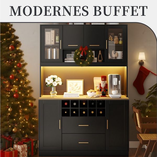 SeedWave Buffet Küchenbuffet mit LED-Beleuchtung, Weinregal, Steckdose & USB-Anschluss Größe: 120×36,3×180cm, inkl. 2 Glastüren, viel Stauruam