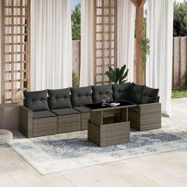 vidaXL 7-tlg. Garten-Sofagarnitur mit Kissen Grau Poly Rattan 3267290