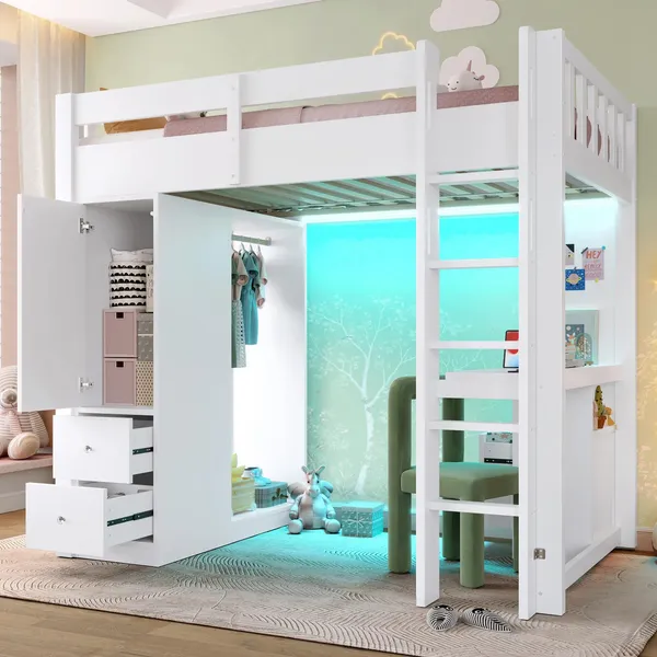 Hochbett mit LED-Streifen, Kleiderstange, Schreibtisch, Lattenrost, Leiter, Schubladen, Schrank, Regal, Rausfallschutz und USB, 90x200 cm, Kinderbett, Kiefer