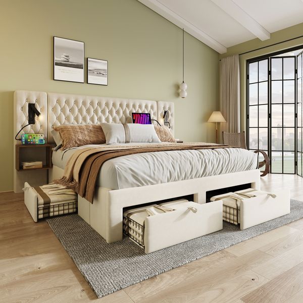 Polsterbett 180x200 cm mit 4 Schubladen, 2 Nachttischen, LED-Leselampen & USB/Type-C Ladeanschluss, Samt Beige