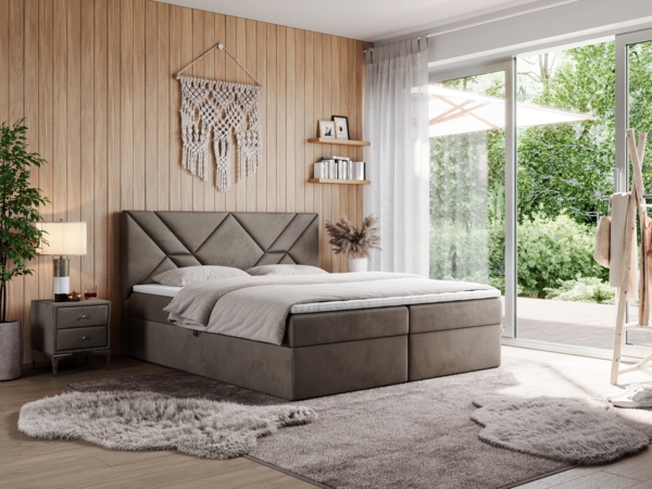 Boxspringbett, Polsterbett mit Multipocket-Matratzen und Topper, dekorativem Kopfteil, zwei Bettkästen - NEOMI - 140 x 200 cm - Braun Velours - H3