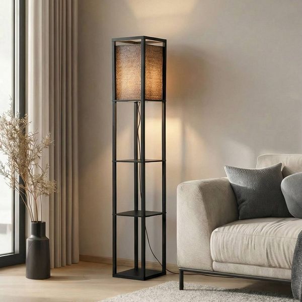 Lindby Stehlampe Birta, Holz Schwarz IP20, 1 x 15 W LED