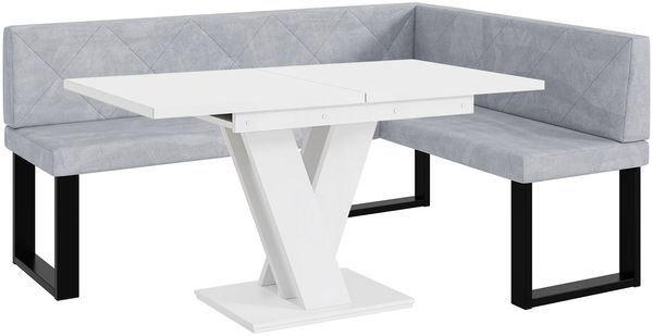 MEBLINI Eckbank für Esszimmer mit ausziehbarem Tisch - Küchenbank - Essecke - Sitzecke Küche - ERIC - U-Beine 128x168x87cm Rechts - Hellgrau Samt/M Weiß Matt