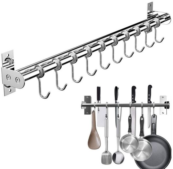 SURFOU Hakenleiste Küche Doppelte Edelstahlstange Küchenleiste mit 12 Haken &Messerhalter, (Hängeleiste Küchenreling, Edelstahl Doppelrohr, Küchenhakenleiste, Multifunktionale Hängeschiene mit Topfdeckel- & Messerhalter - 60 cm Topfi Topfdeckelhalter, ...