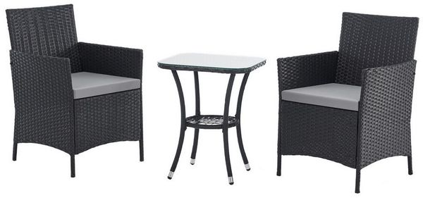 SVITA Balkonset BROOKLYN BISTRO, (Set (3-tlg), 1 Tisch, 2 Stühle), Sitzgruppe, Polyrattan, inkl. Kissen, Schwarz