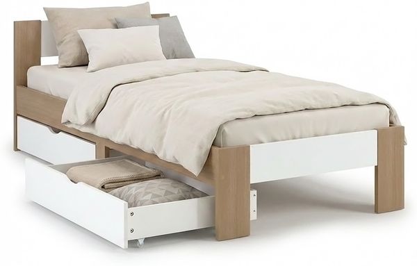 Holzbett 90x200 mit 2 Bettkästen Bett Eiche Braun Weiß Holz Bettgestell Futonbett Jugendbett Einzelbett