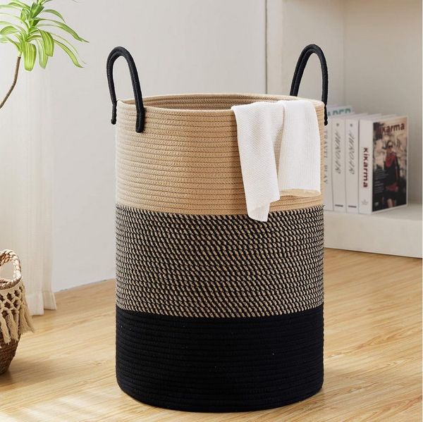 BlingBin Wäschekorb 58L Geflochten Wäschesammler mit Griff, Spielzeug Aufbewahrungskorb (1er Set, 1 St, Produktgröße: 38x50 cm), Wäschekorb für Schlafzimmer und Wohnzimmer, Braun und Schwarz