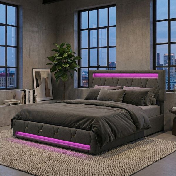 Gdood Polsterbett Stauraumbett Doppelbett LED (Vier extra große Schubladen unter dem Bett), Mit LED-Beleuchtung, Stauraum, Leinen, 160x200 cm