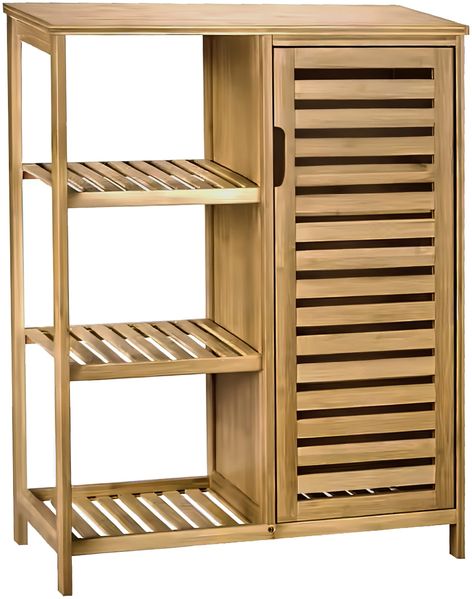 AD. CON Badezimmerschrank Bambus Badregal mit 3 Ablagen und 1 Schranktür 87x66x33cm