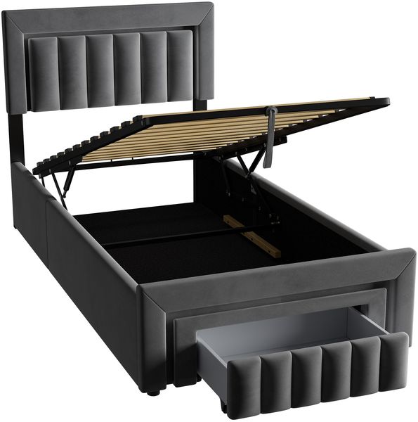Polsterbett 90×200 cm mit LED, hydraulischem Bettkasten und Schublade, Grau Bild 9