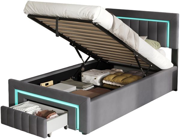 Polsterbett 90×200 cm mit LED, hydraulischem Bettkasten und Schublade, Grau Bild 7