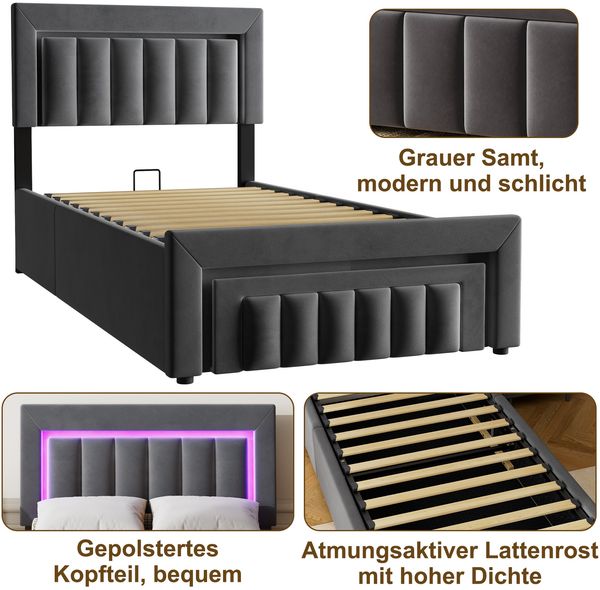 Polsterbett 90×200 cm mit LED, hydraulischem Bettkasten und Schublade, Grau Bild 10