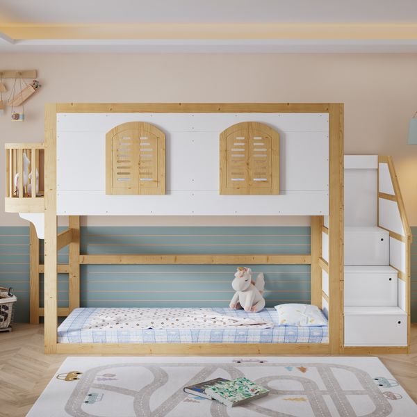 Merax Hochbett 90x200cm, Kinderbett, mit Treppenschrank, Spielfläche & Fensterdesign, stabiler Lattenrost, Kiefer + MDF+Sperrholz, Weiß+Natur
