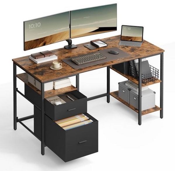 VASAGLE Schreibtisch mit 3 Ablagen, Bürotisch mit 2 Schubladen, 140 x 60 x 76 cm, Industrie-Stil, schwarz