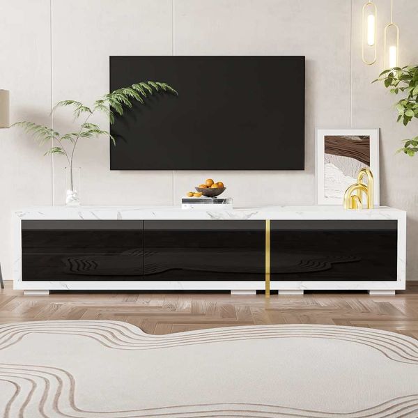 Moderner weißer TV-Schrank mit schwarzer Marmoroptik, Hochglanz-Weiß- und Gold-Finish, drehbare Funktion